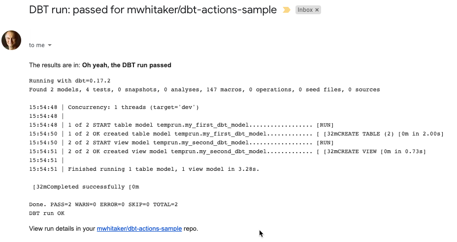 dbt output email screenshot