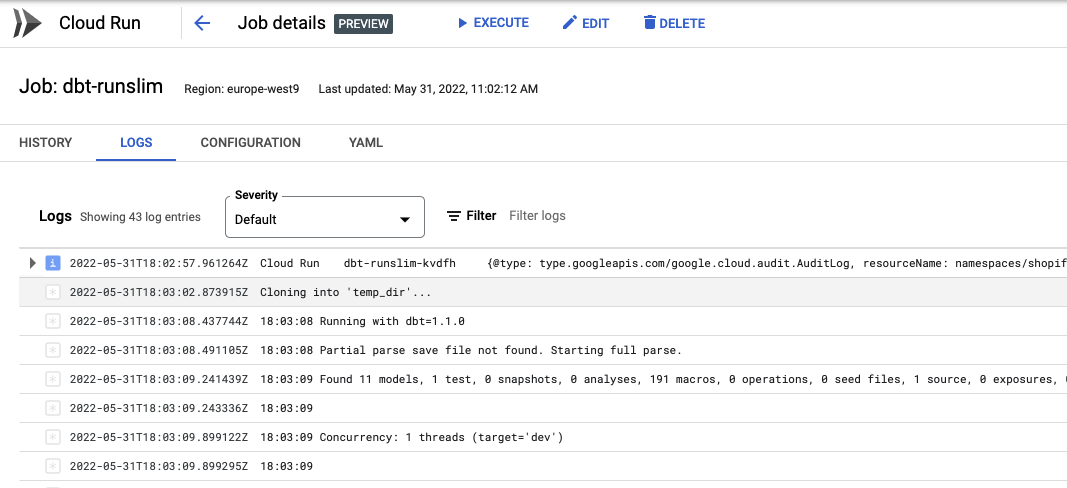 dbt output logging screenshot